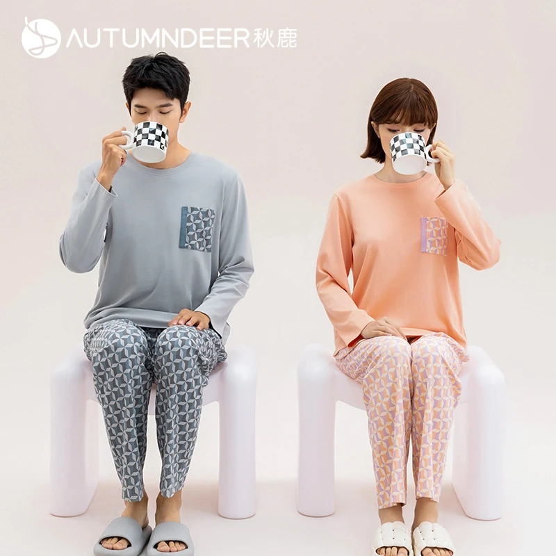 秋鹿针织厚单面印花圆领女套大码春秋长袖长裤情侣居家宽松纯棉