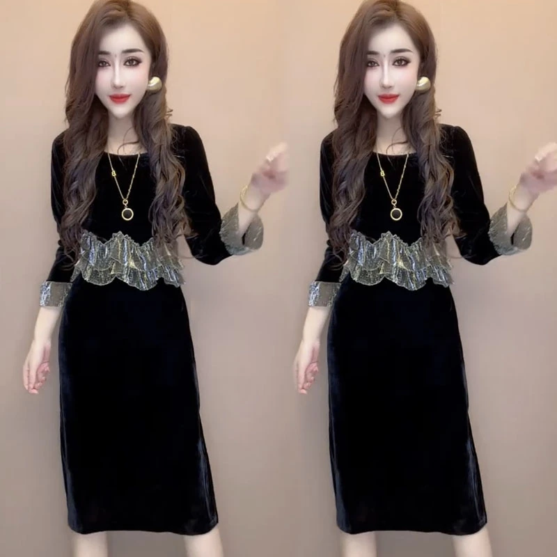 显瘦中长款连衣裙2024新款设计感拼接假两件秋时尚收腰气质裙子女