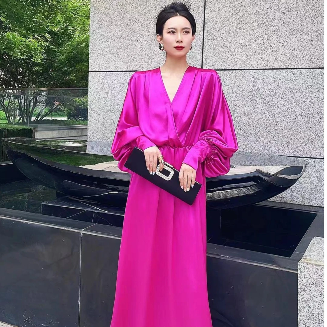 【NNC】设计师醋酸玫红色灯笼袖连衣裙显瘦气质洋气轻奢纯色系带