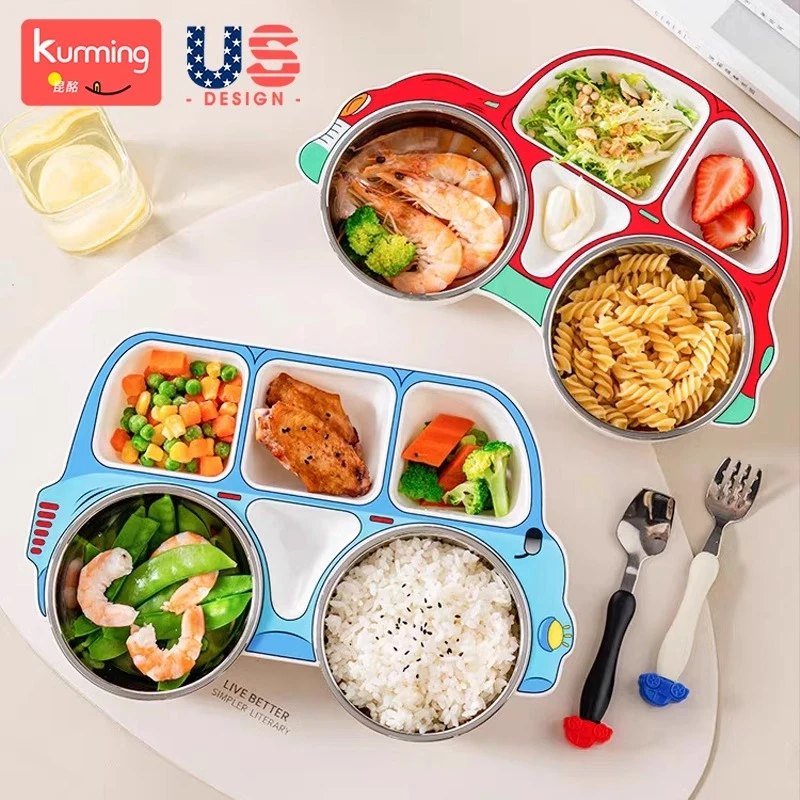 儿童餐盘不锈钢宝宝吃饭碗筷卡通防摔家用勺吸盘分格宝宝餐具套装