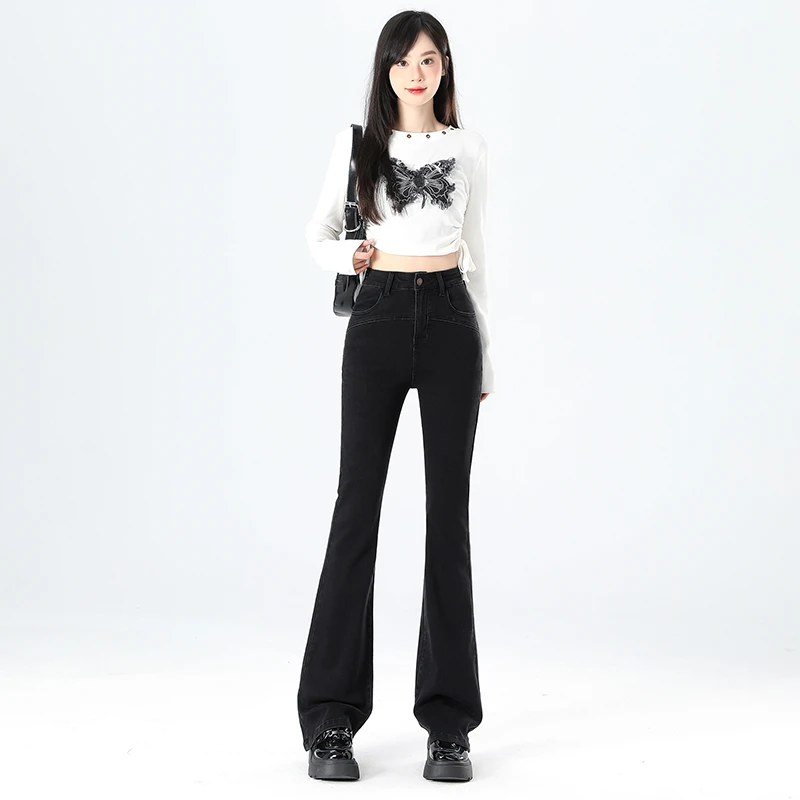春秋季黑灰色微喇牛仔裤女2025年新款爆款高弹力百搭喇叭裤