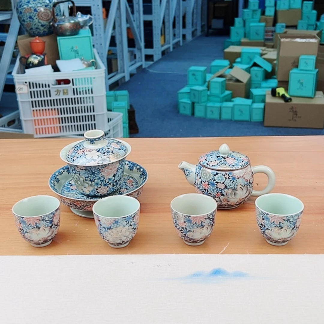 京隆堂天青汝窑青花花开富贵高端功夫茶壶+盖碗+4杯