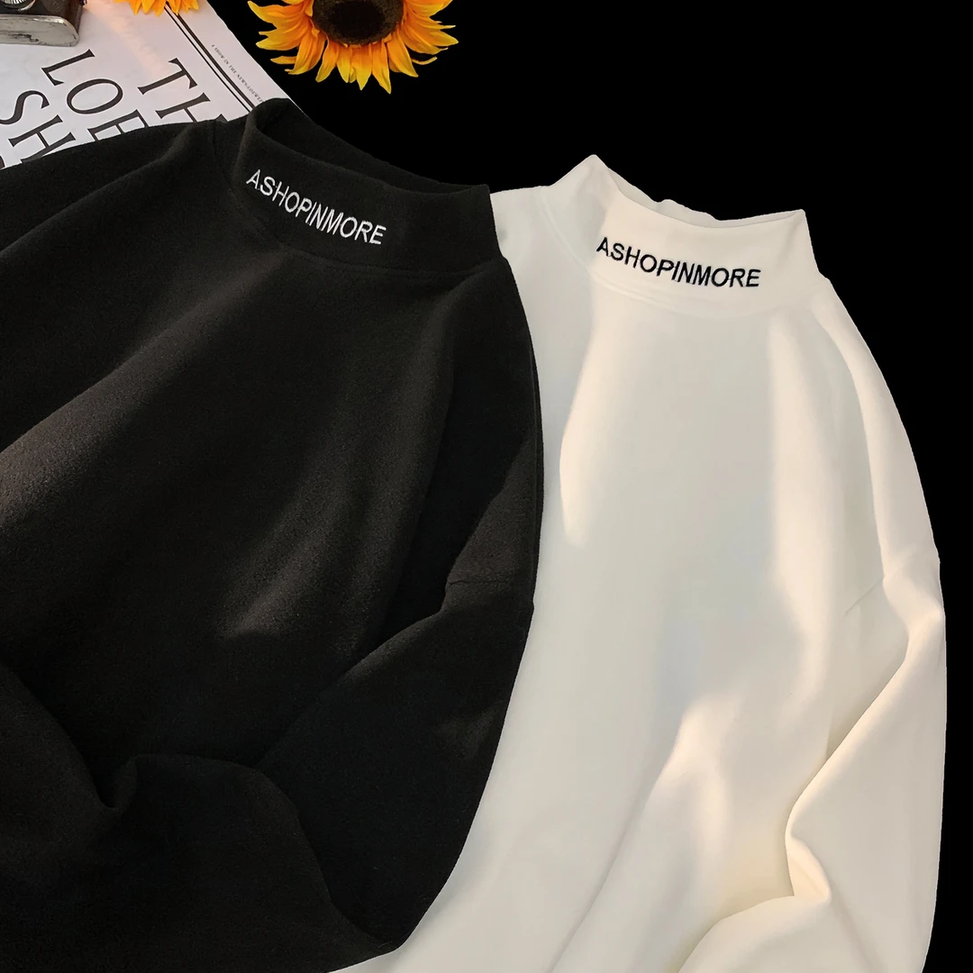 @MXD 380g重磅德绒加厚字母刺绣半高领长袖t恤男士保暖内搭打底衫