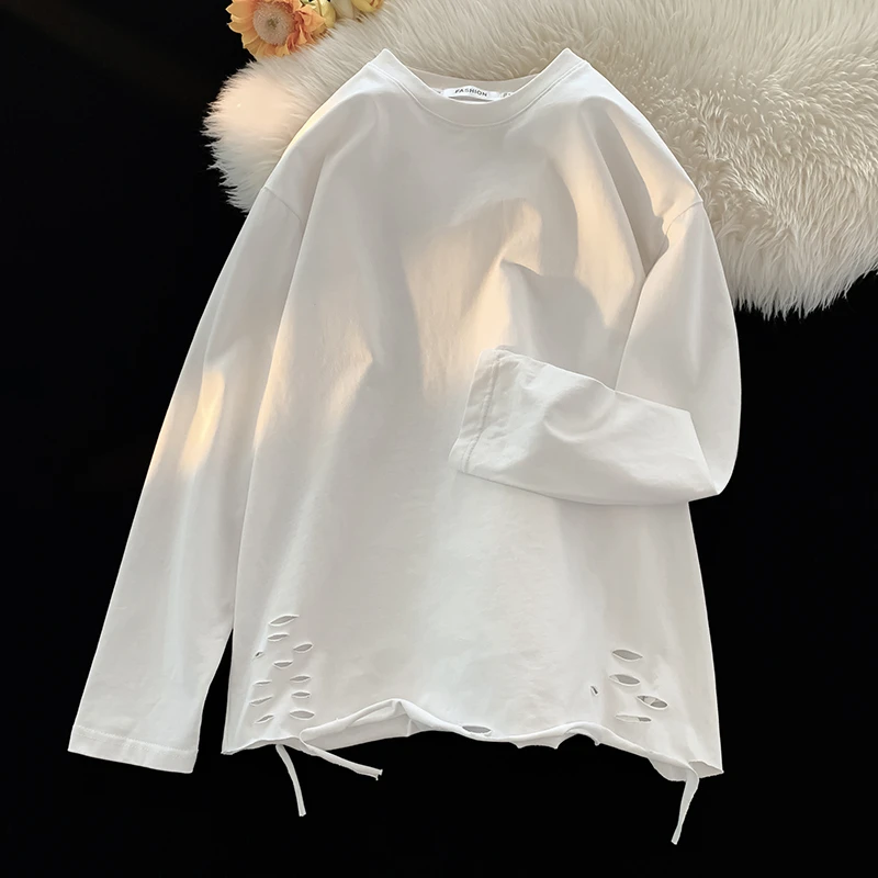 @MXD 重磅300g美式潮牌下摆破洞休闲长袖T恤男纯棉叠穿内搭打底衫