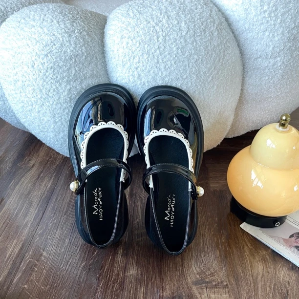 【现货，下午飞】纯欲蕾丝花边芭蕾珍珠魔术贴平底增高复古玛丽珍