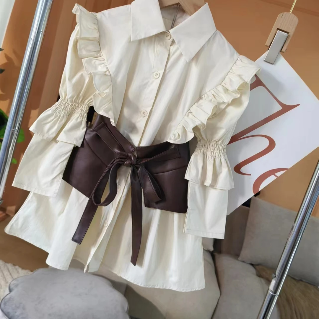 2024年新款童装女童设计感拼接荷叶边衬衫裙秋装儿童女宝连衣裙