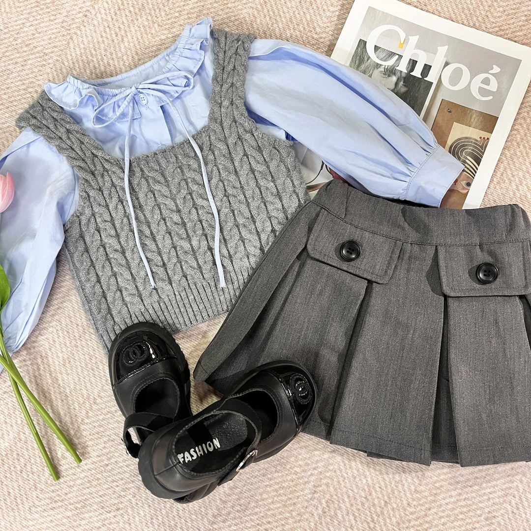 儿童jk制服衬衫洋气时髦百褶裙三件套女童学院风春秋季2024新款