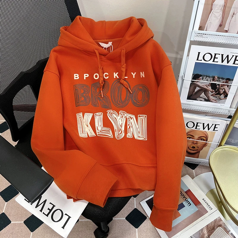 加厚纯色秋冬季复古加绒2024宽松连帽卫衣秋冬保暖字母刺绣上衣