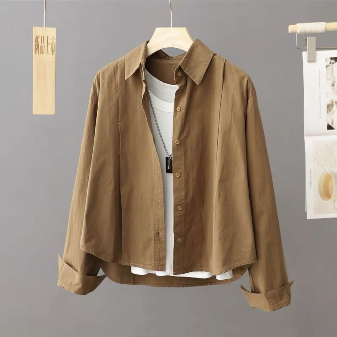 小个子衬衫女短款2023春秋新款美拉德色系全棉长袖衬衣女外穿上衣
