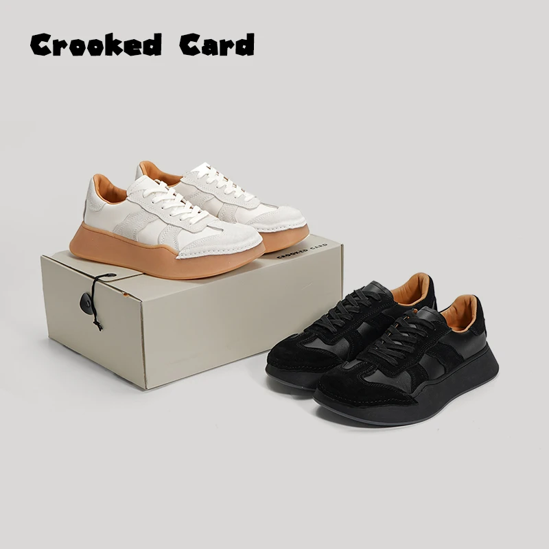 Crooked Card设计师款 真皮方头德训鞋 4CM厚底板鞋潮软底 情侣款