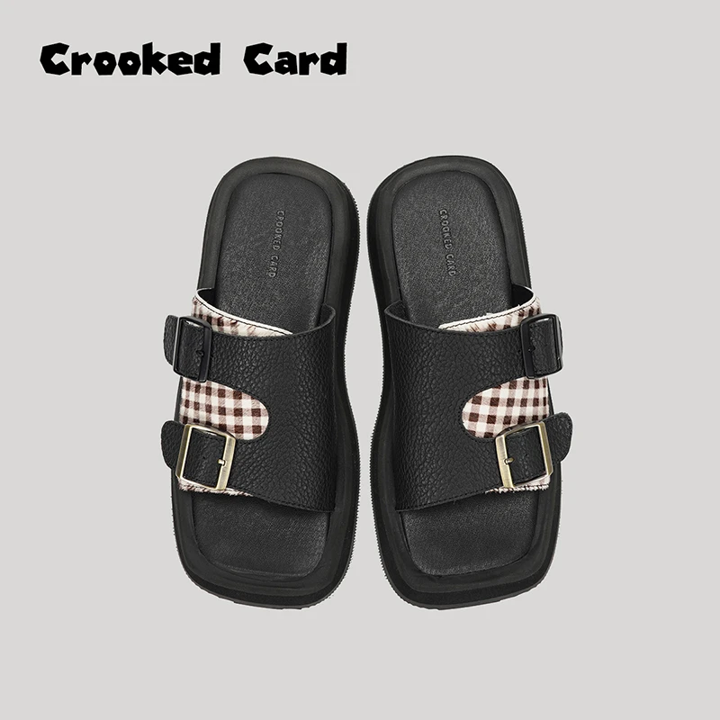 歪牌设计师 2024夏季新款 方头一字拖女真皮户外凉拖鞋子情侣款潮