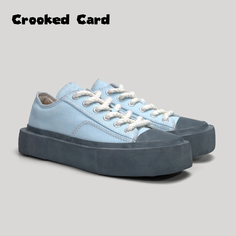 CROOKED CARD 歪牌设计师 水洗做旧厚底方头帆布鞋女增高大头板鞋