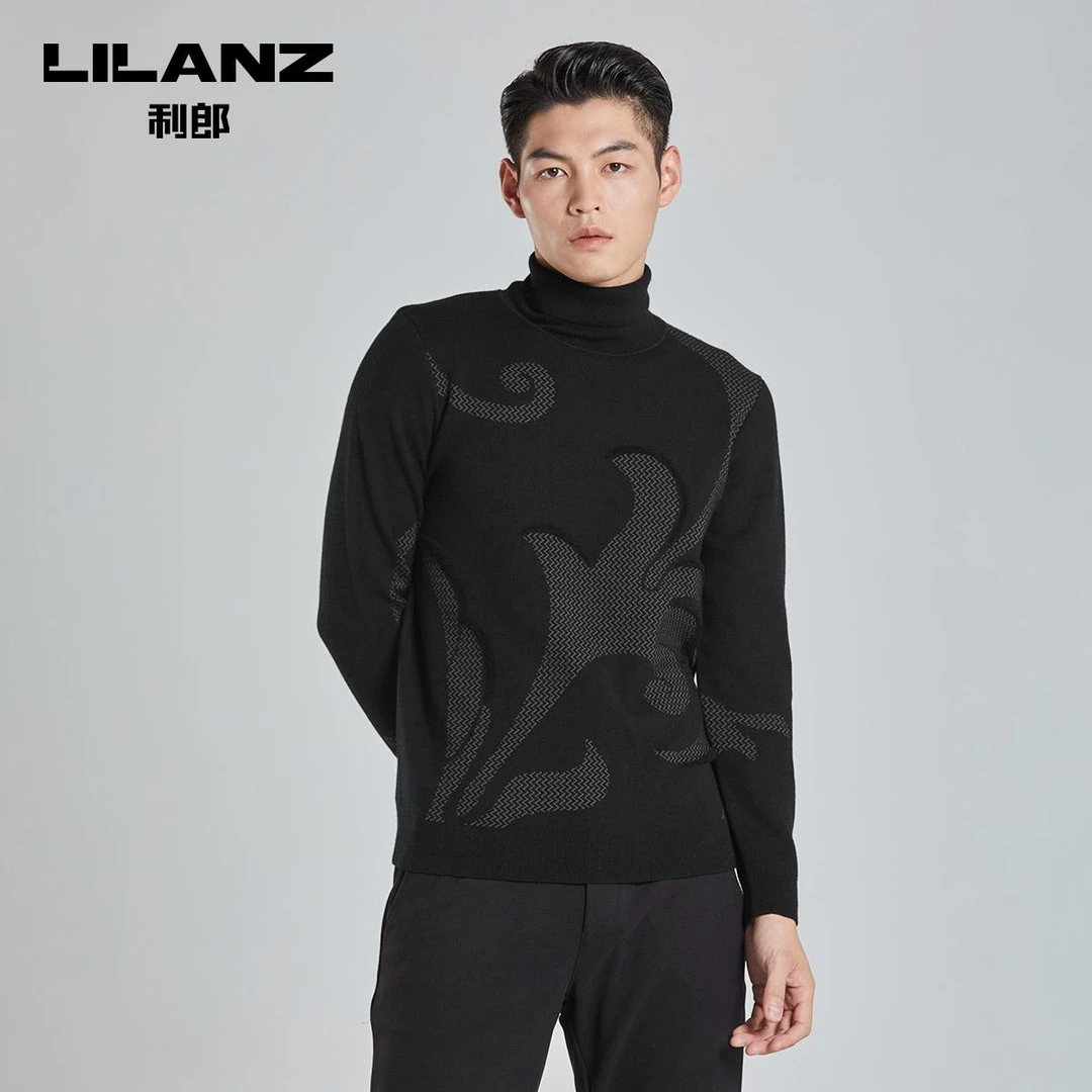 Lilanz/利郎冬季3D提花半高领男士保暖羊毛衫-黑色 G3DMS0071S