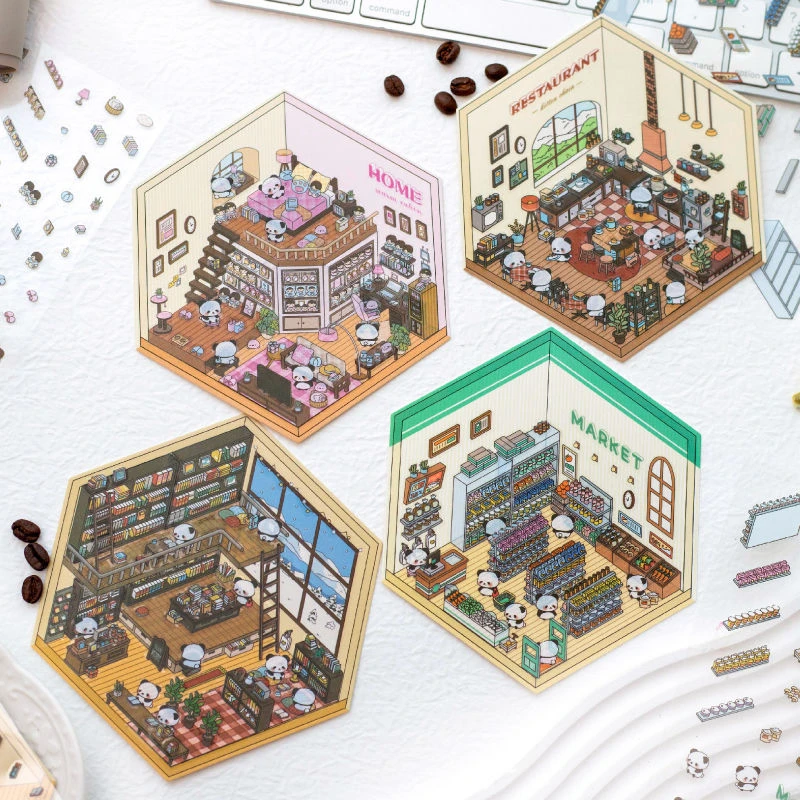 韩系3d收纳熊猫立体屋微缩造景场景贴纸可爱堆叠小屋创意手帐贴画