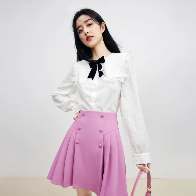 【品牌福利】秋水伊人宽松甜美蝴蝶结衬衫上衣女装蕾丝百搭上衣0041