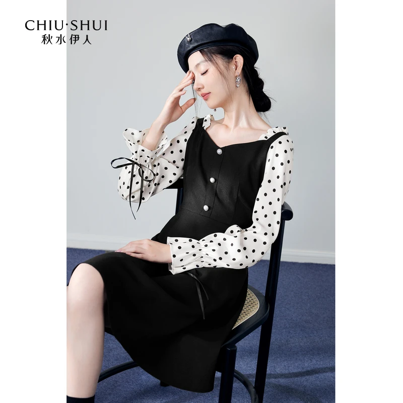 【直播】秋水伊人时尚设计感假两件长袖连衣裙收腰显瘦中0398