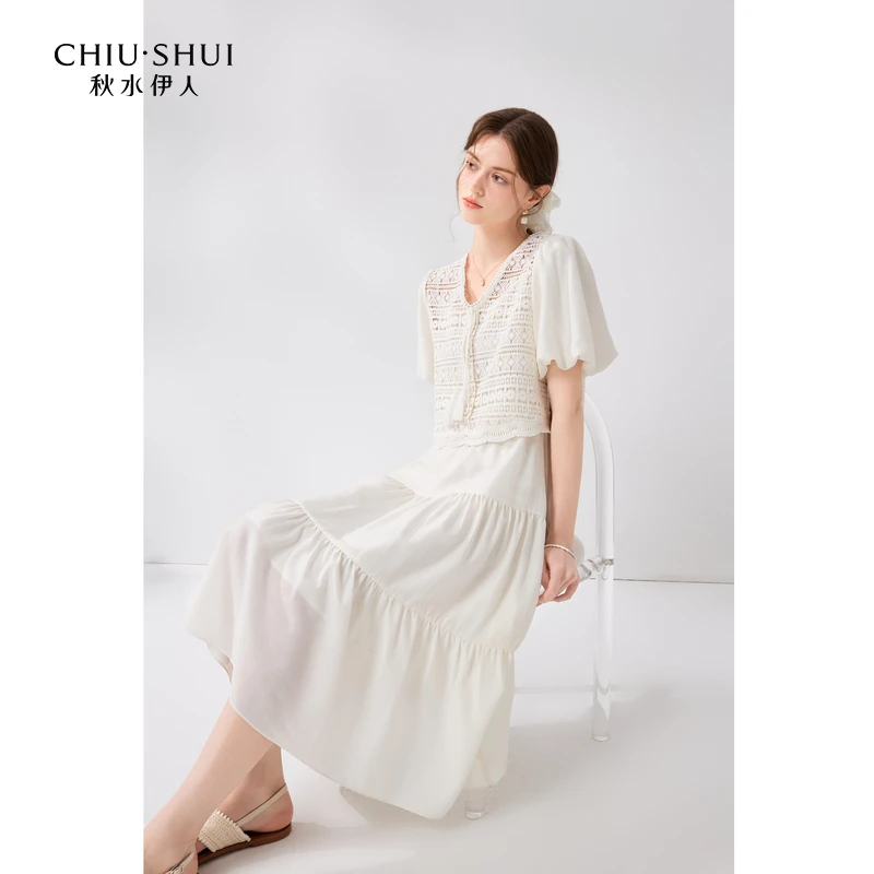 【品牌福利】秋水伊人度假风甜美V领连衣裙夏女镂空上衣吊带裙0748