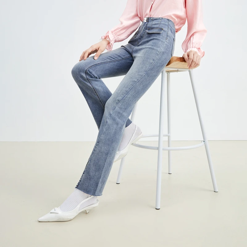 【直播】秋水伊人通勤牛仔裤春新款女时尚微喇高腰裤子0150