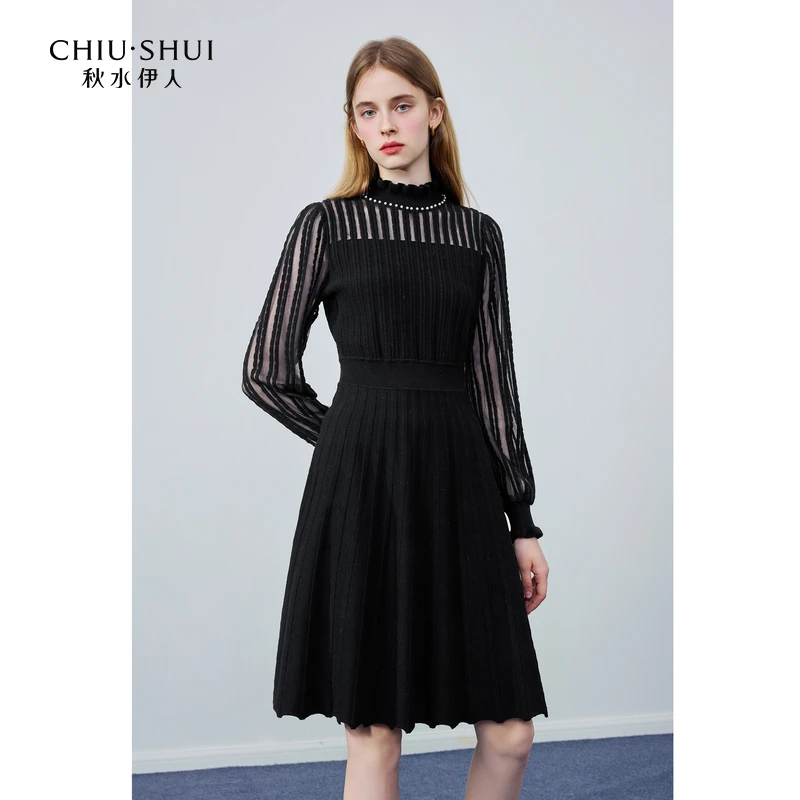【邱莹莹专属】秋水伊人半高领黑色针织连衣裙冬季女优雅内搭中长裙