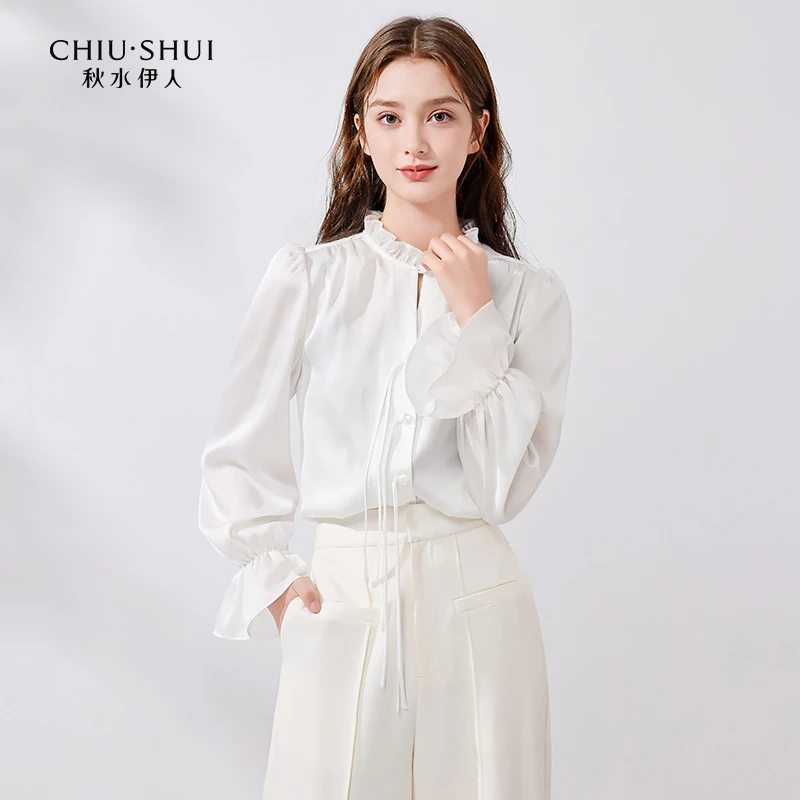 【小余专属】秋水伊人新中式木耳边立领白色衬衫女泡泡袖百搭0554