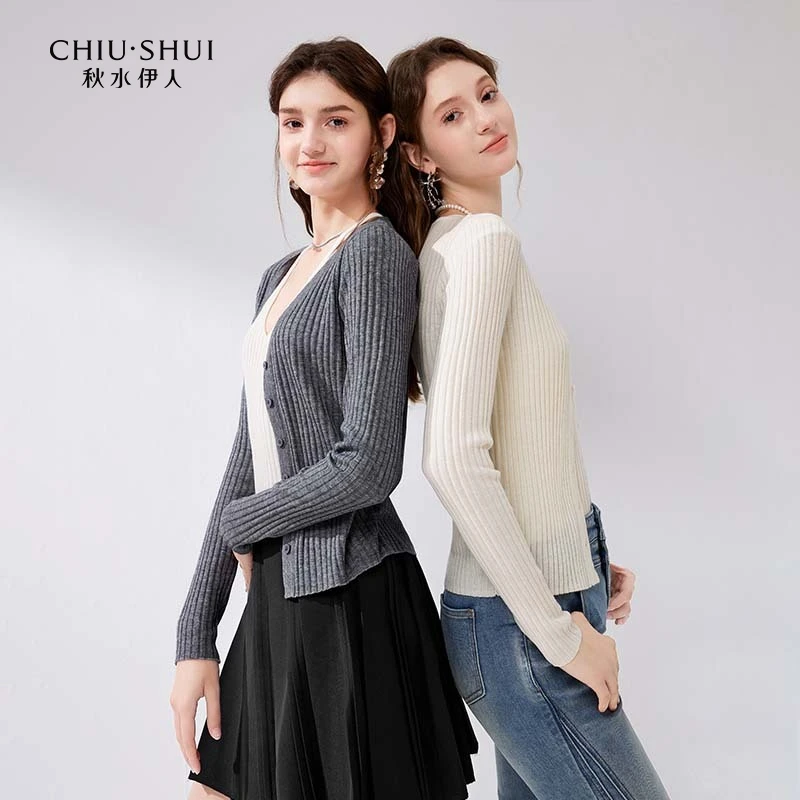 【品牌福利】秋水伊人假两件针织开衫春季修身上衣624102M100521