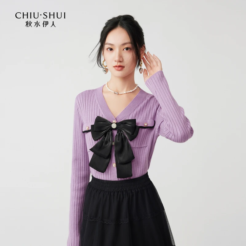 【品牌福利】秋水伊人甜美小香风蝴蝶结针织开衫V领毛衣623409A1007