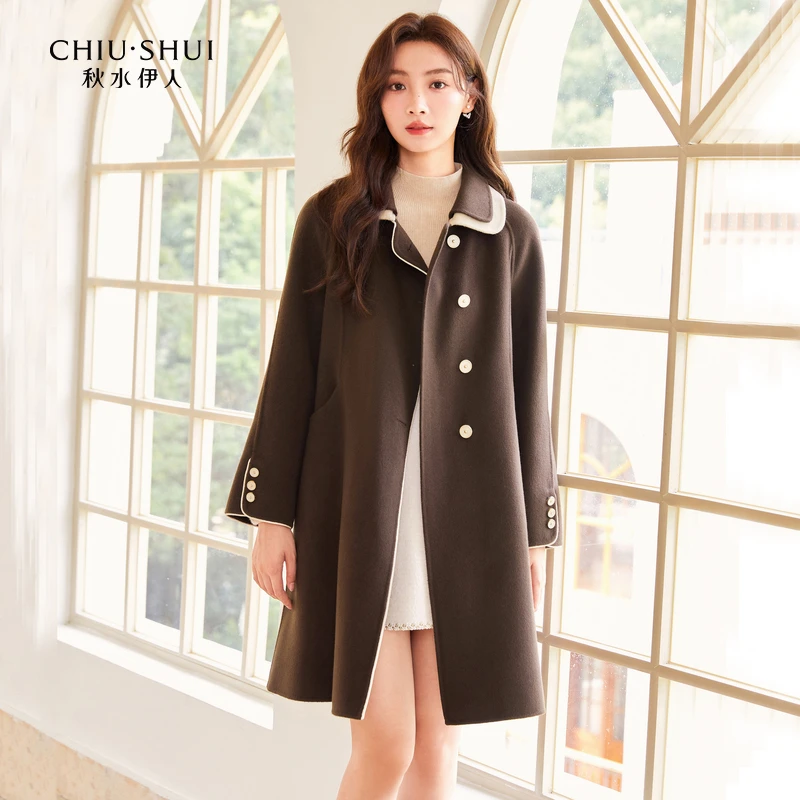 【直播】秋水伊人优雅撞色小翻领双面呢大衣冬装新款女装长款