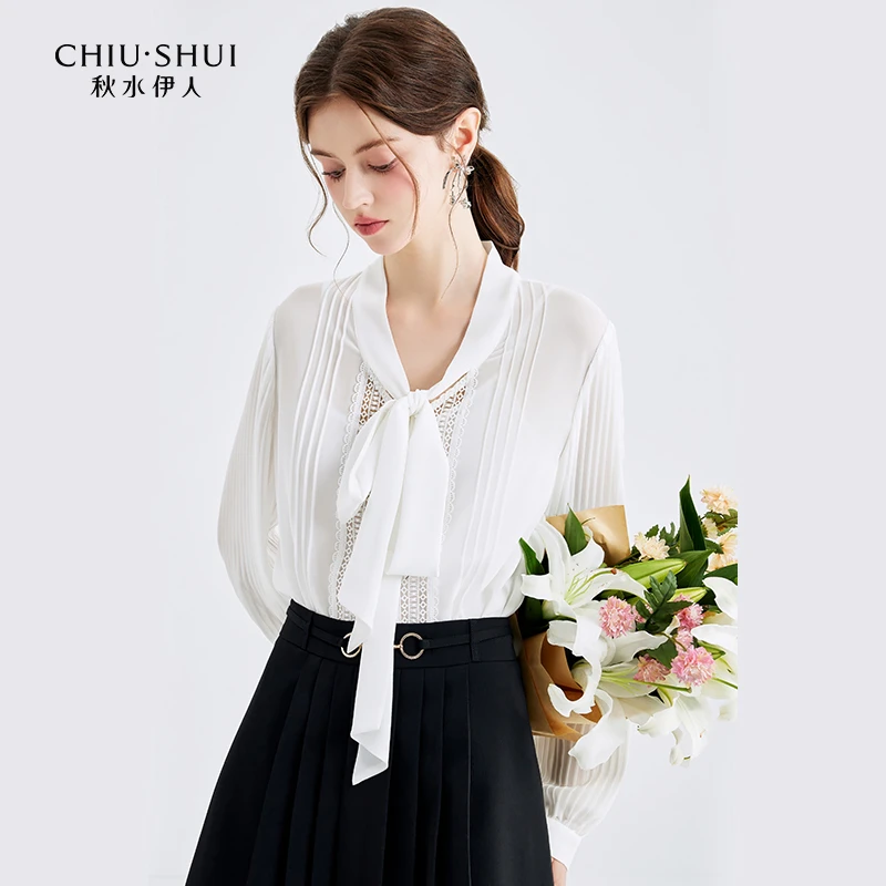 【品牌福利】秋水伊人气质飘带领雪纺衬衫女装知性优雅长袖0266