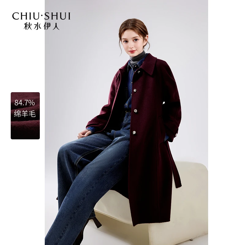 【许半夏专属】秋水伊人赫本风翻领金属扣大衣冬新款女时尚双面