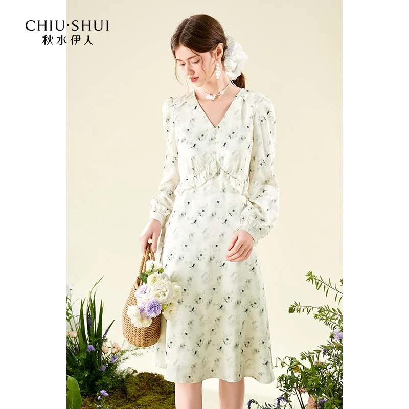 【品牌福利】秋水伊人设计感木耳边V领连衣裙女淑女气质感