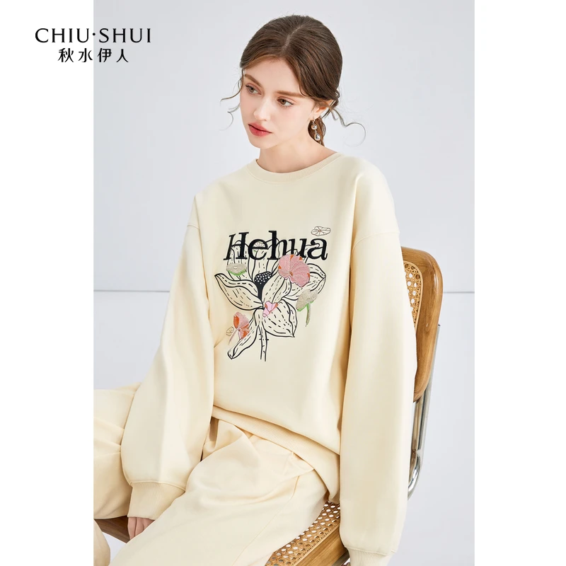 【直播】秋水伊人时尚印花圆领套头卫衣女宽松落肩长袖0414