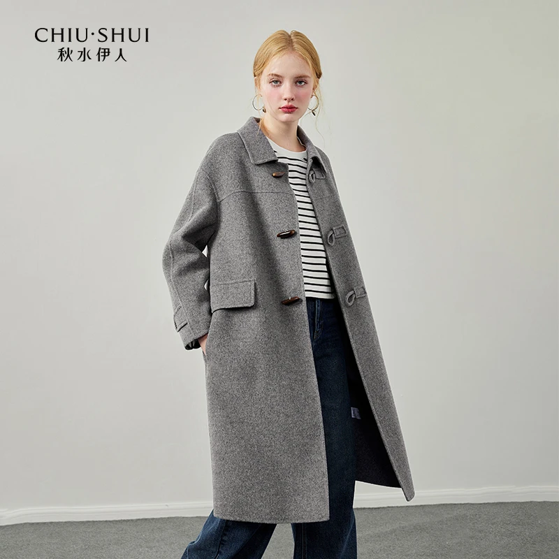 【邱莹莹专属】秋水伊人复古学院风牛角扣全羊毛大衣冬女中长双面呢
