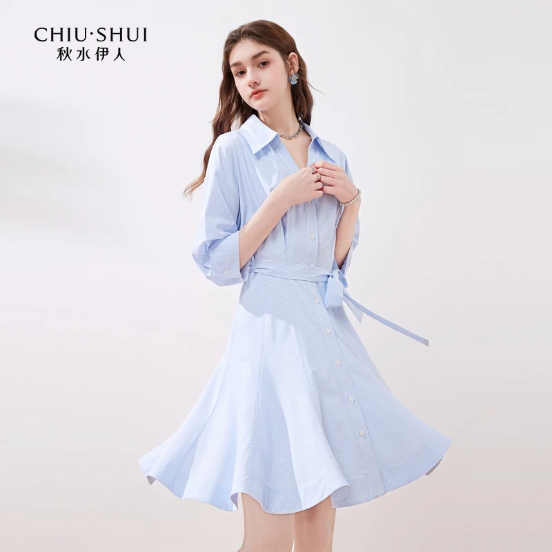 【直播】秋水伊人清爽条纹蓝色连衣裙夏季气质显白中袖衬衫裙0134