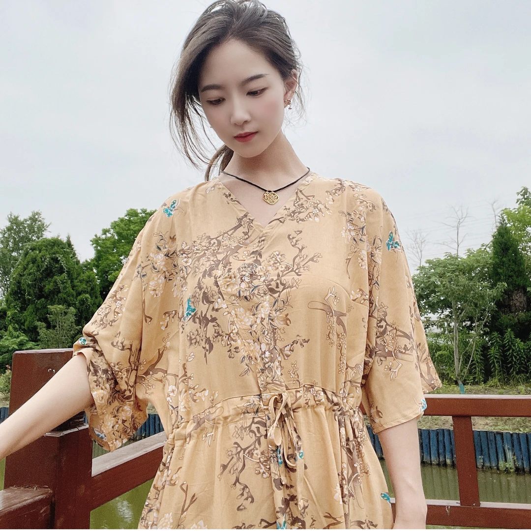诗情画意碎花连衣裙显瘦气质长裙印花系带收腰半开领古风百搭大码
