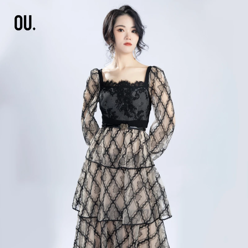 OU.FASHION/欧点下摆塔裙层叠设计优雅甜美长袖连衣裙1122210247
