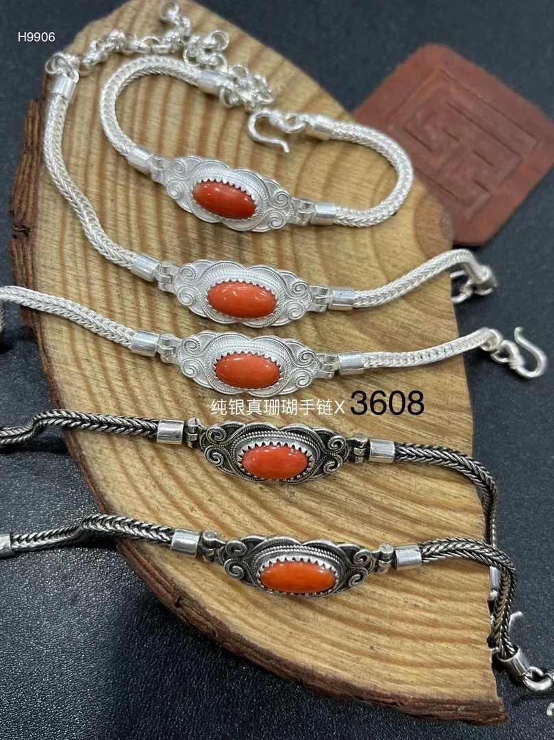 足银手链 蒙古元素民族特色纯银镶嵌真宝石手链
