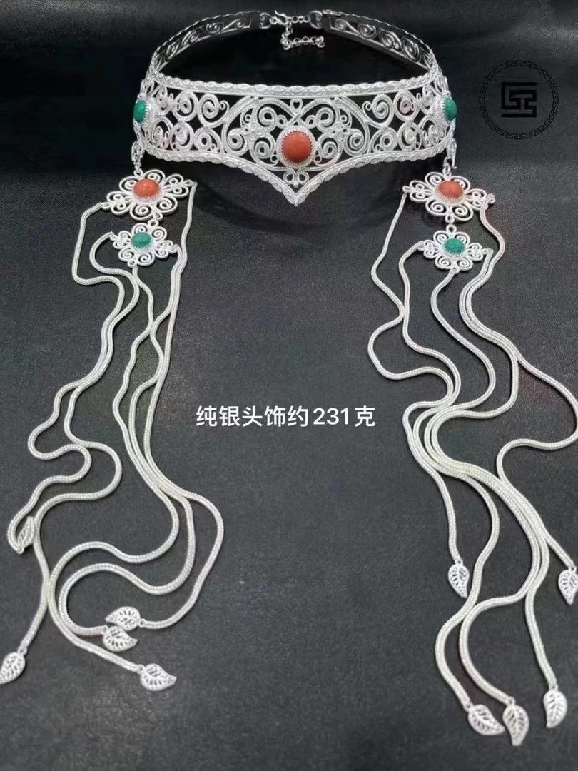 足银银制品 蒙古元素民族特色纯银镶嵌仿珊瑚松石头饰