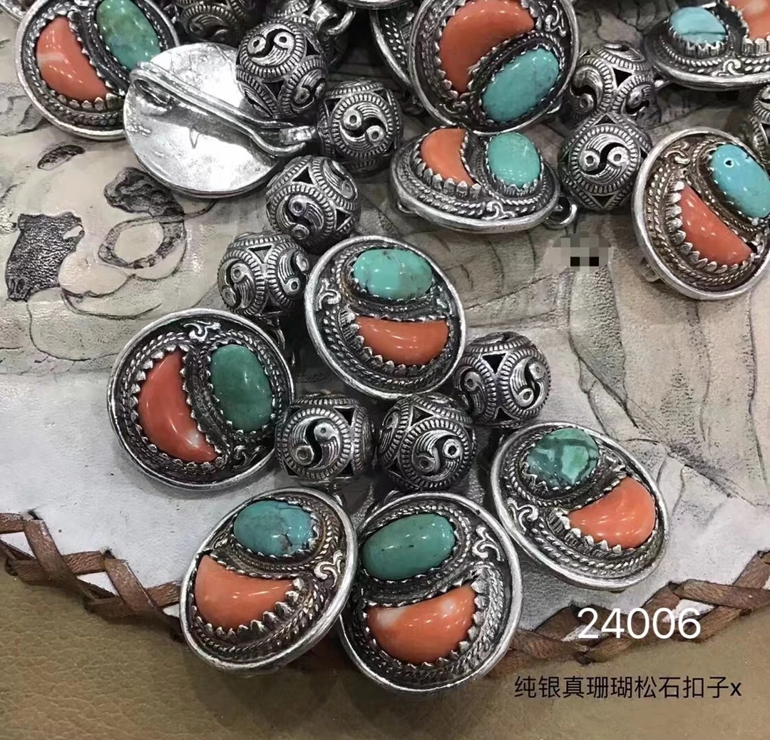 足银银制品 蒙古元素民族特色纯银镶嵌真宝石蒙古袍扣子
