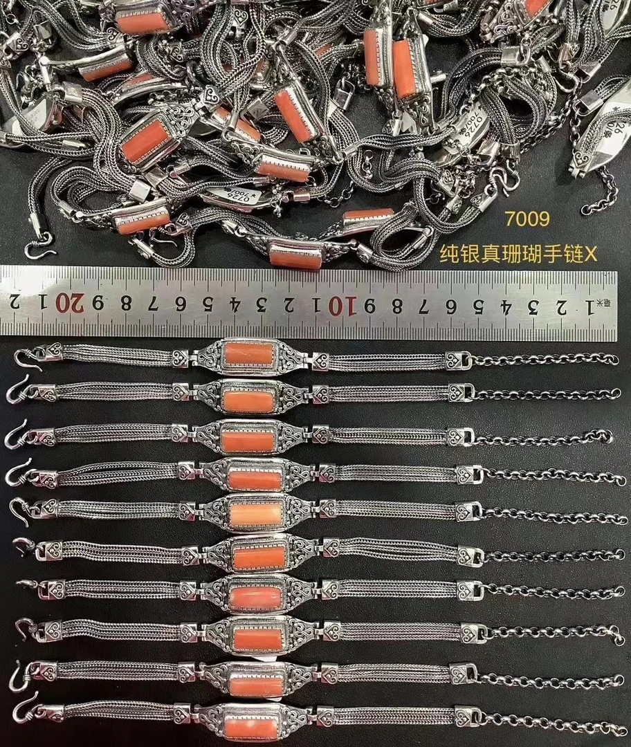 足银手链 蒙古元素民族特色纯银镶嵌真宝石手链