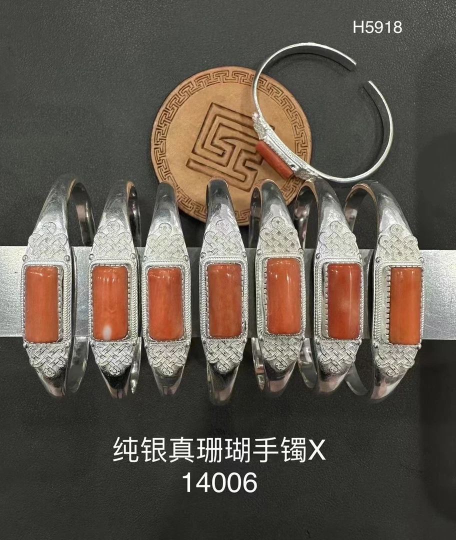 足银手镯 蒙古元素民族特色纯银镶嵌真宝石手镯