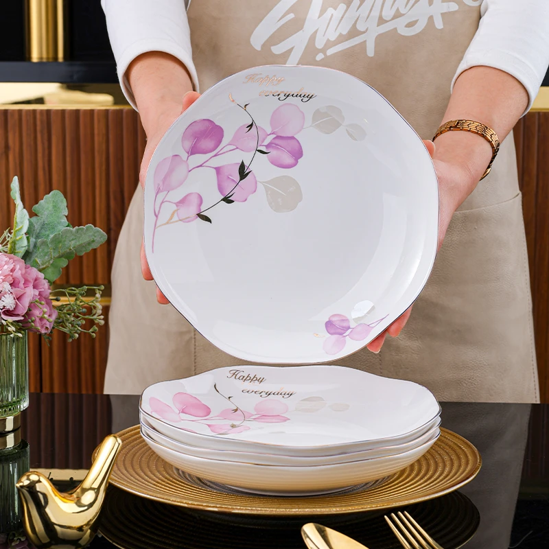 4只装粉色情怀金边金花8英寸荷花盘异形套组荷花盘钻石碗奢华描金