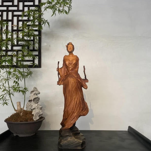 【李清照·蹴罢秋千-花梨木】匠心手作木根雕工艺品国风美女居家摆件