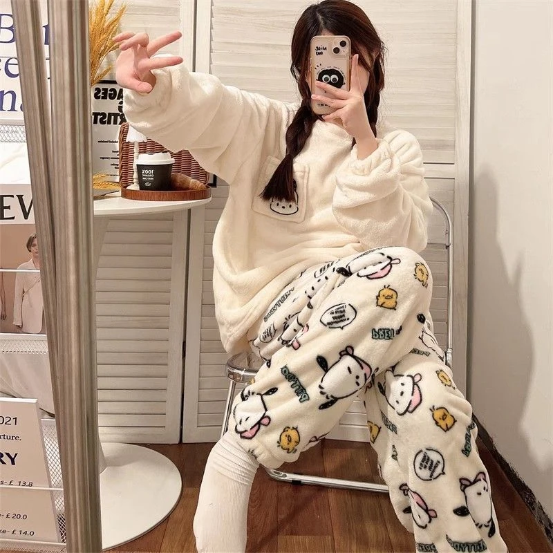 睡衣女秋冬季珊瑚绒加厚加绒卡通休闲保暖可外穿冬天家居服套装