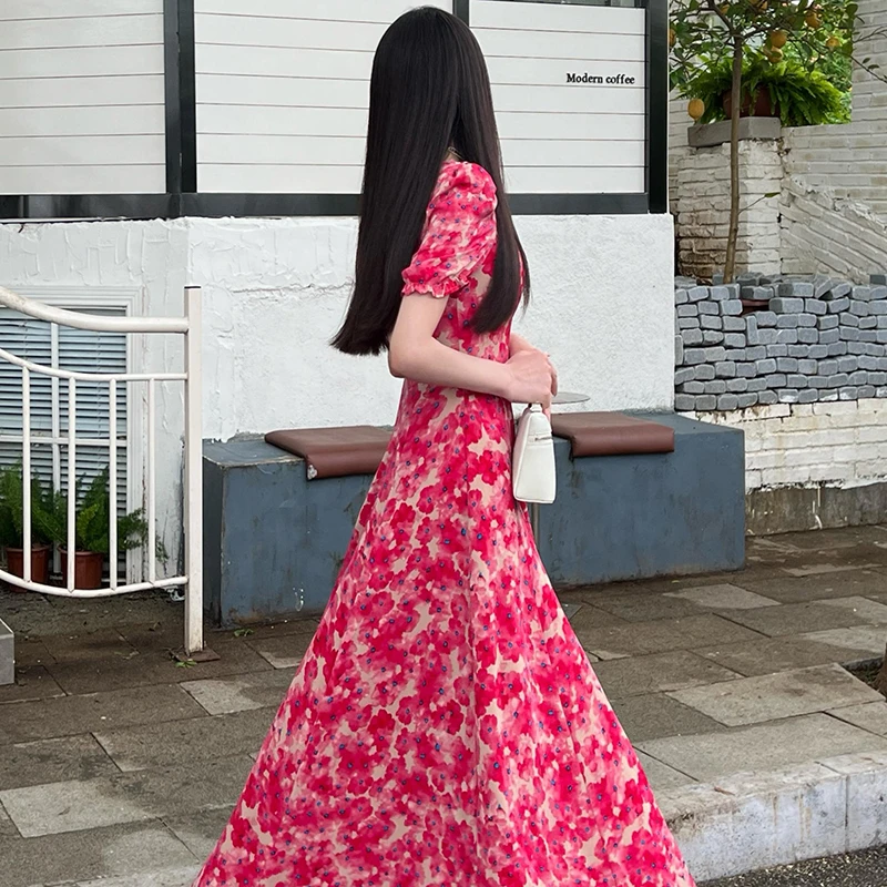 2024新款ins夏季法式时尚碎花印花短袖收腰显瘦女装连衣裙子1597