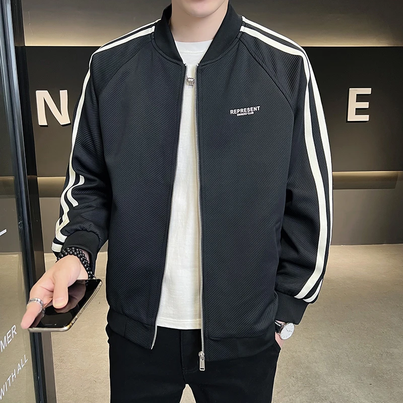 春季新款男士棒球领韩版双杠织带休闲外套潮夹克