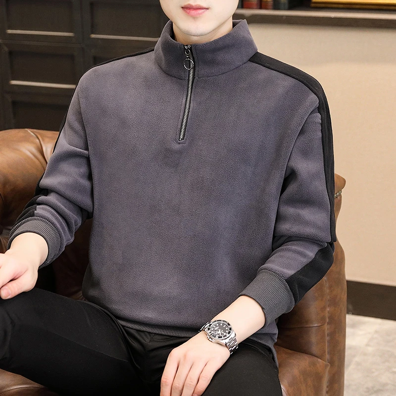 奥粒绒春季男士立领加绒卫衣打底高领休闲套头加厚加绒