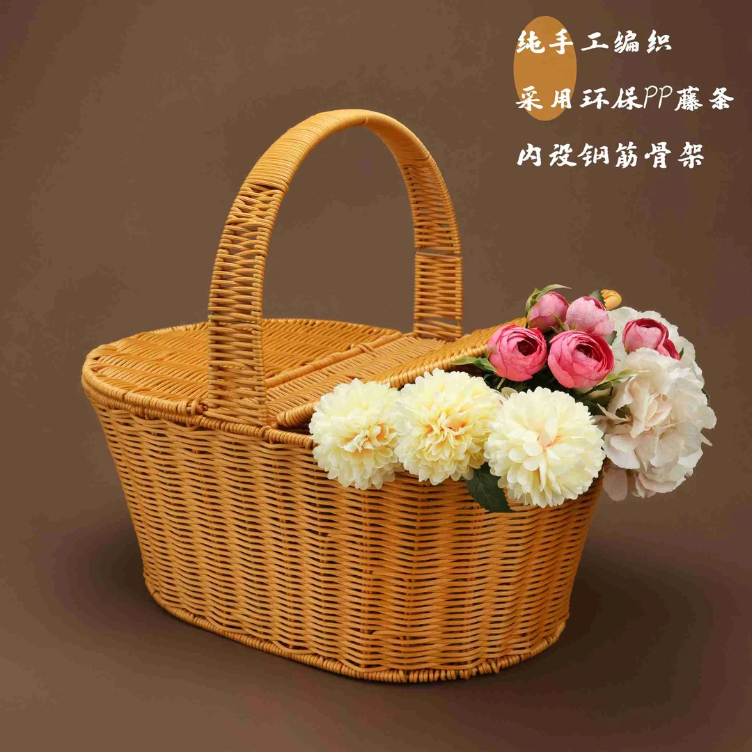 藤编手提篮带盖大号户外野餐篮购物篮菜篮子采摘篮收纳篮田园风