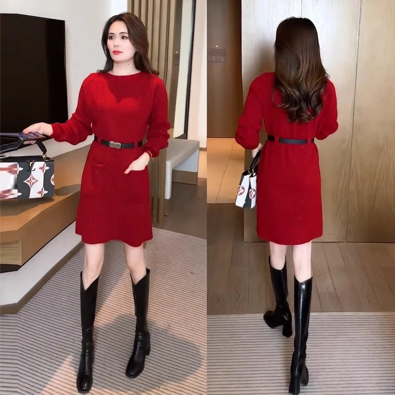 时尚洋气内搭连衣裙女秋冬新款红色毛衣裙中长款显瘦针织打底裙子