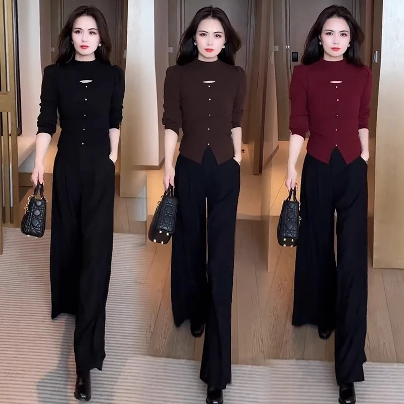 时尚套装女2024秋冬季新款洋气半高领打底衫显瘦上衣阔腿裤两件套