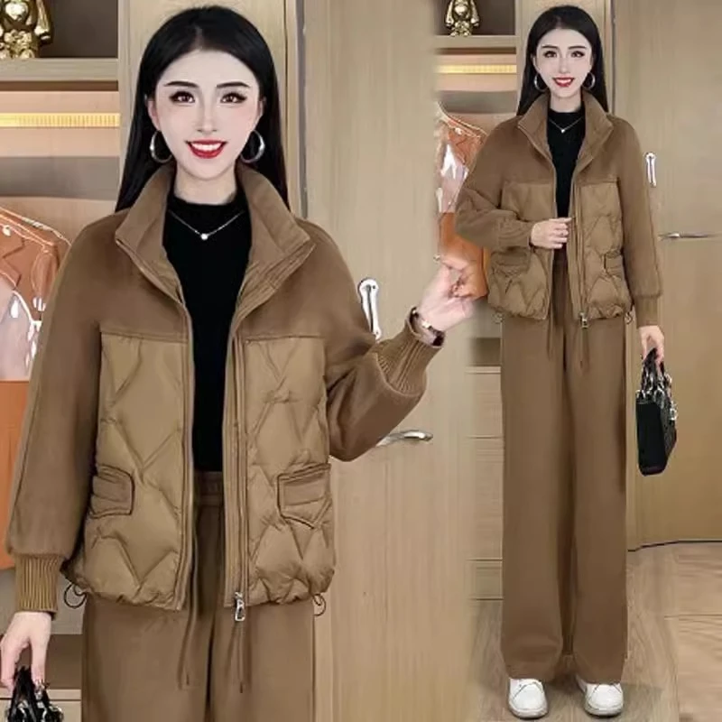 时尚休闲套装女2024冬季新款时髦洋气毛呢拼接棉衣阔腿裤两件套潮